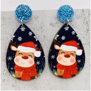 Wooden Water Drop Holiday Novelty Earrings with Reindeer Santa New